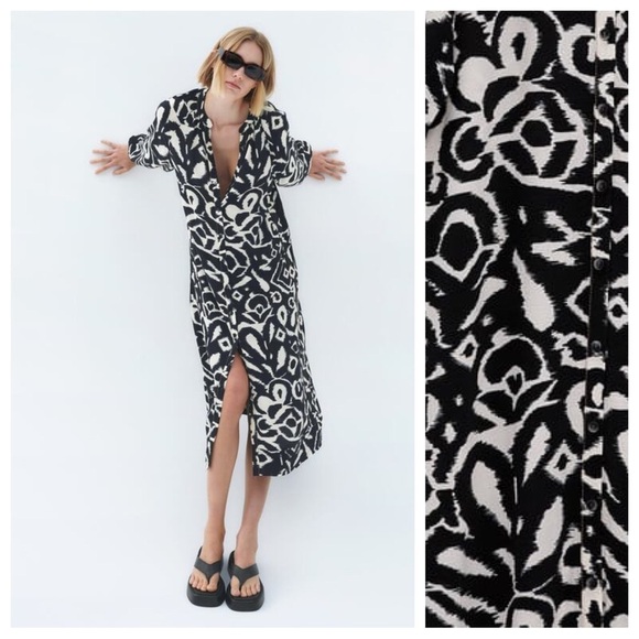 NWOT Zara Navy Blue/White Printed Midi Dress with Decorative Stitch. Size S. - Picture 3 of 10